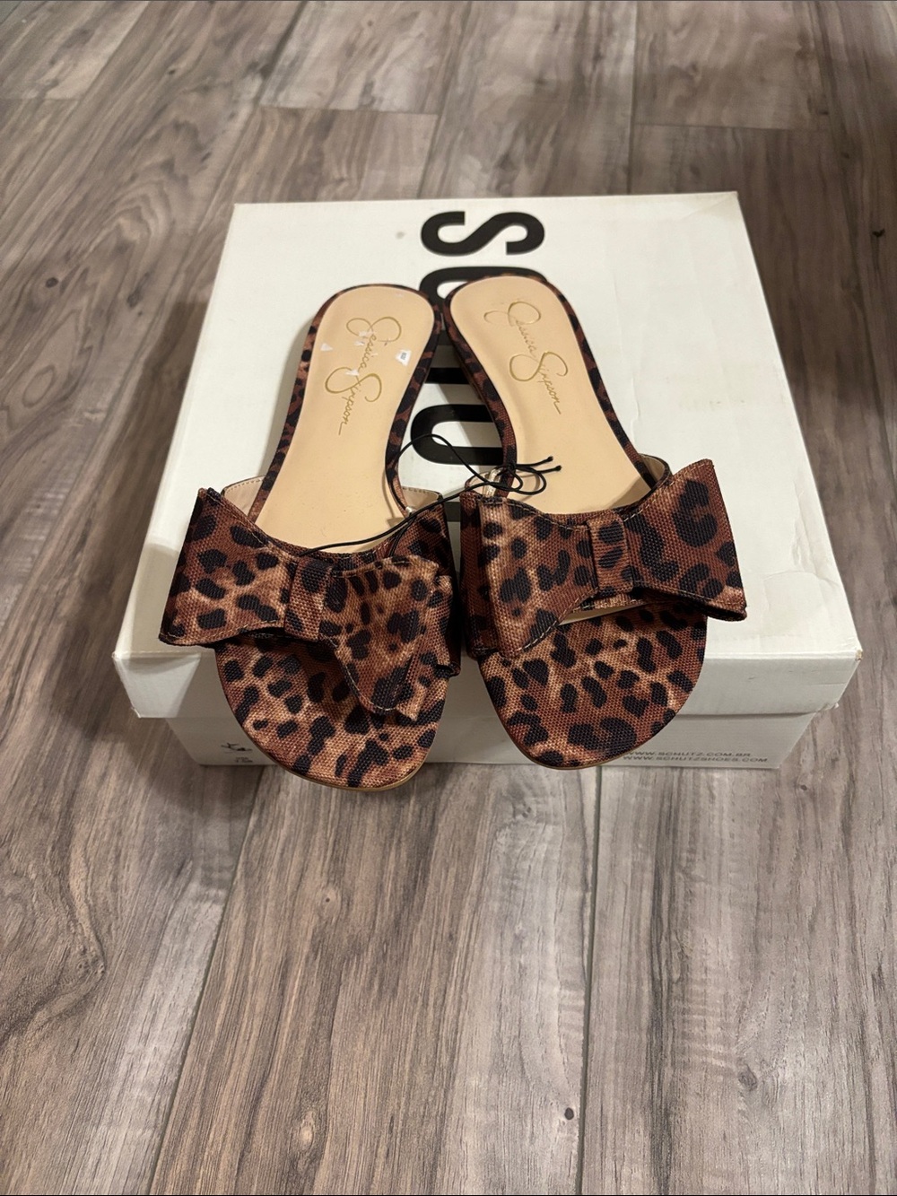 Jessica Simpson Leopard Bow Slide Sandals - Brown/Black